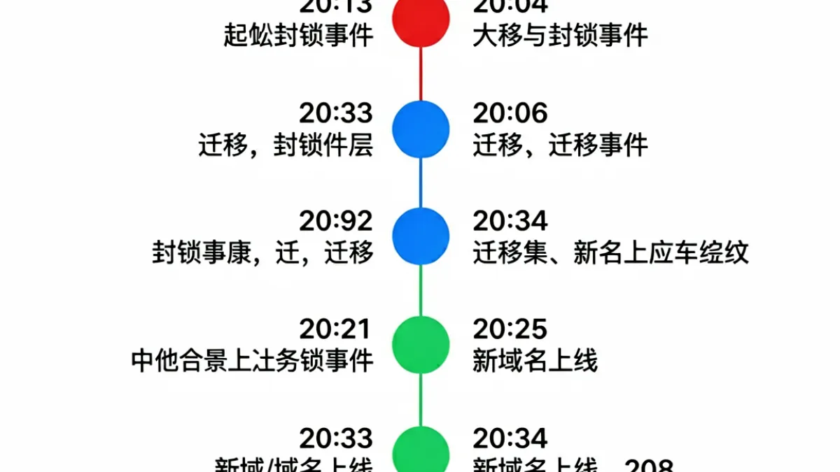 一条竖向时间线图示，标注了caoliu地址多次域名变更与封锁节点的时间轴