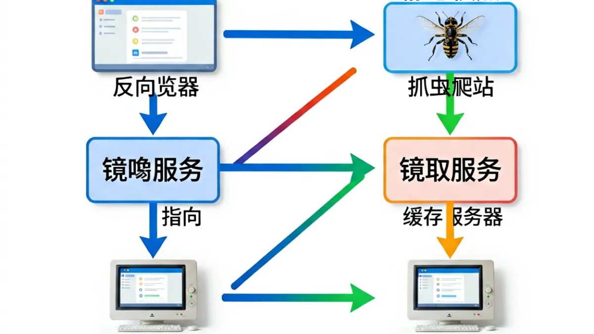 技术示意图展示反向代理镜像与静态快照镜像的工作流程对比，帮助理解不同类型caoliu地址镜像的原理差异